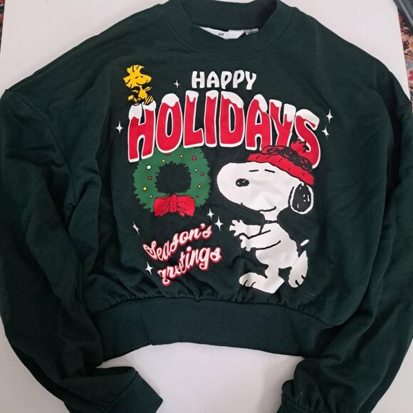 H&M dark green Peanuts Snoopy sweat shirt teen size 12-14, Holiday Christmas - Picture 1 of 4